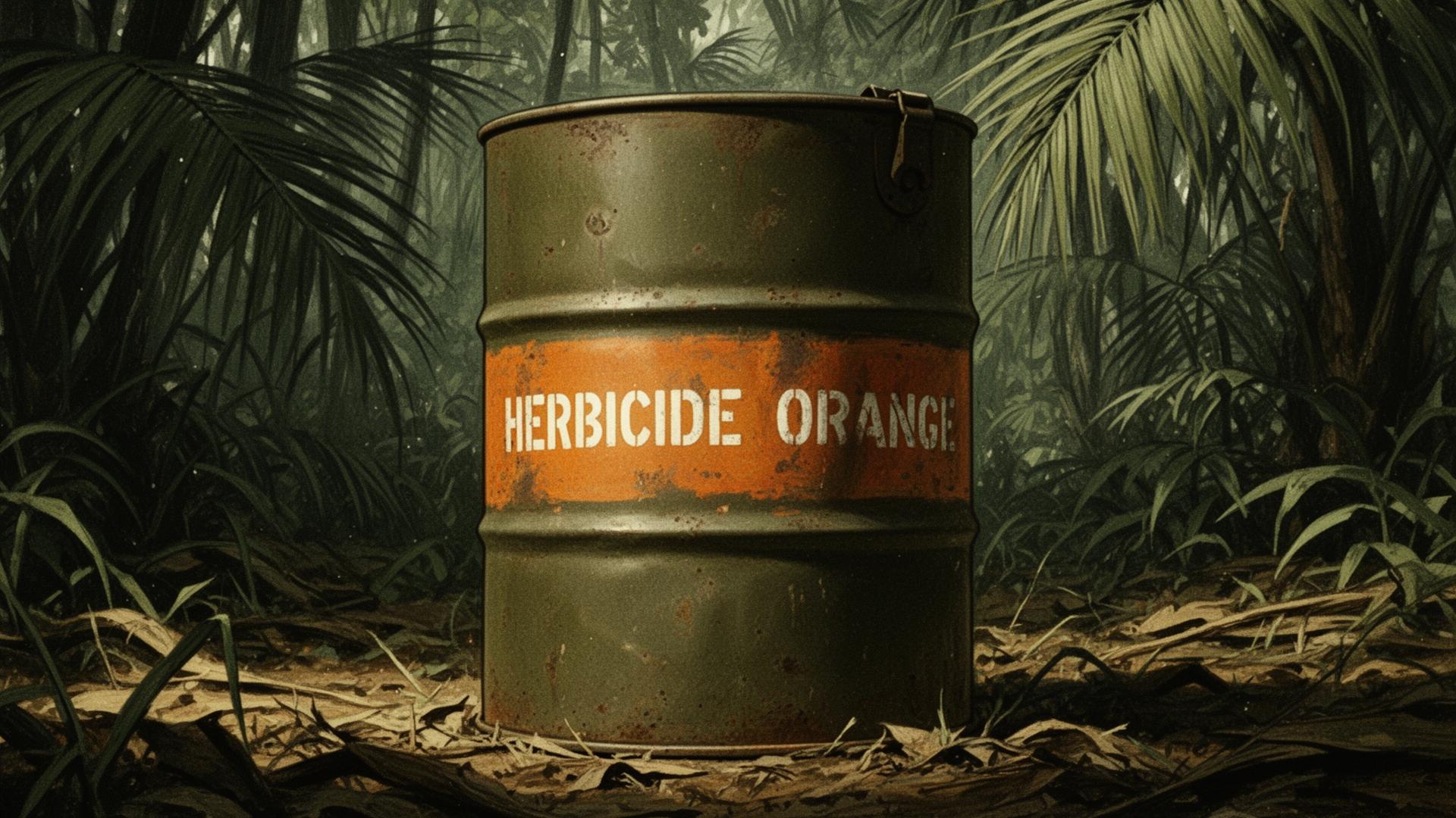 Editorial illustration of a 55-gallon Agent Orange herbicide drum with the characteristic orange identification band, sitting on Vietnam-era jungle ground.