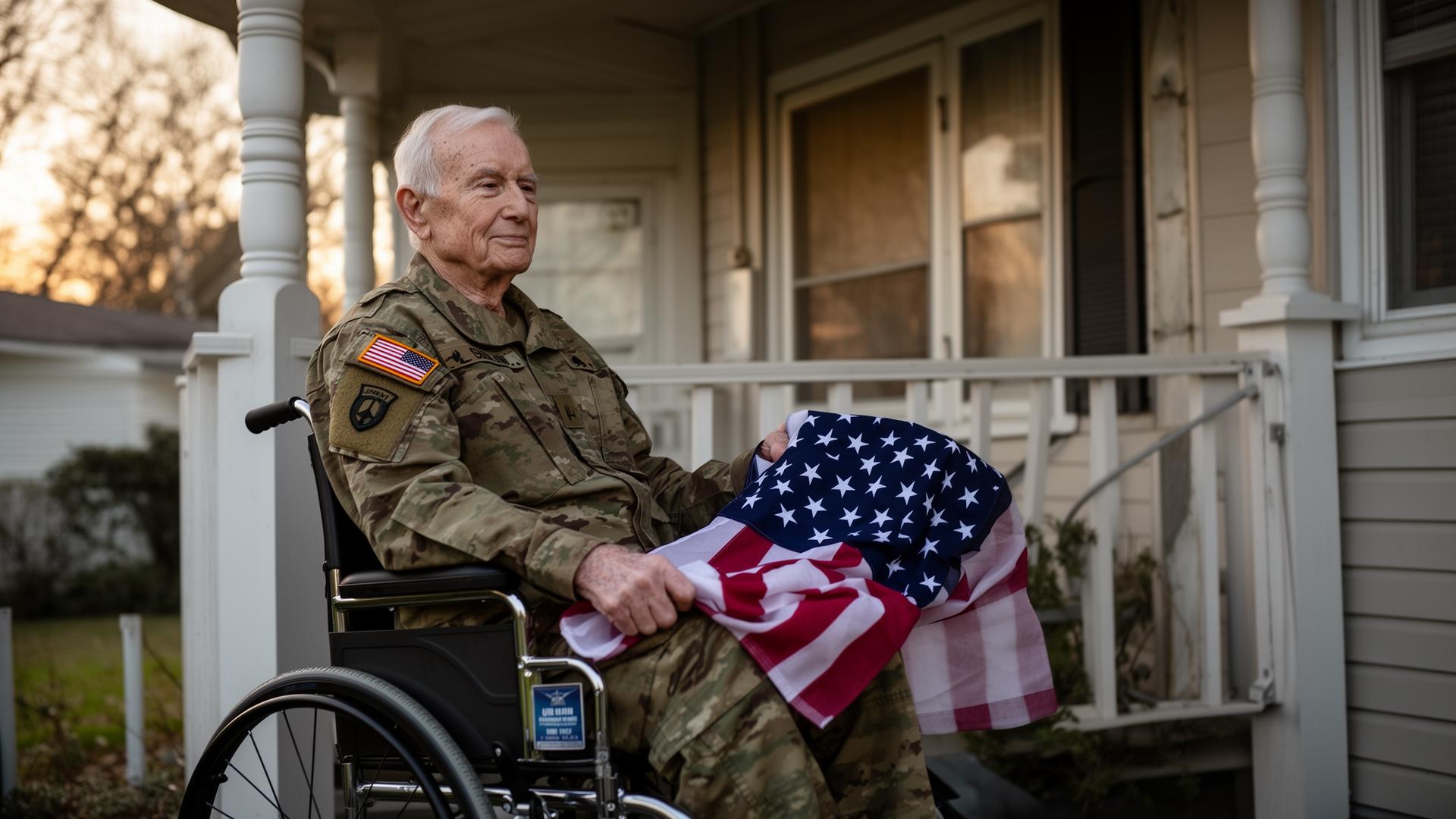 Older American veteran in wheelchair on the porch of his home holding a folded American flag.