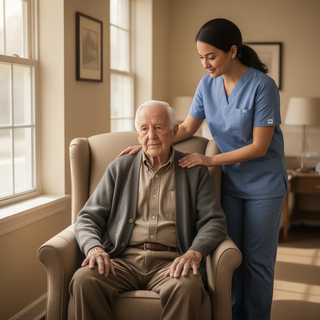 Elderly man in civilian clothes sitting in an armchair in a sunlit assisted living room, with a caregiver in scrubs gently resting a hand on his shoulder.