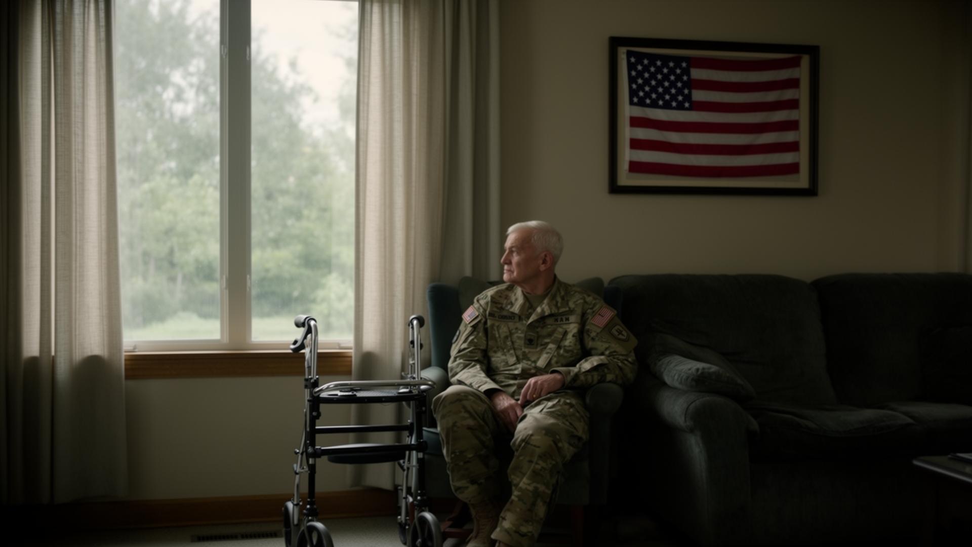 American military veteran seated by a window inside a quiet living room with walker beside him and framed flag on the wall.