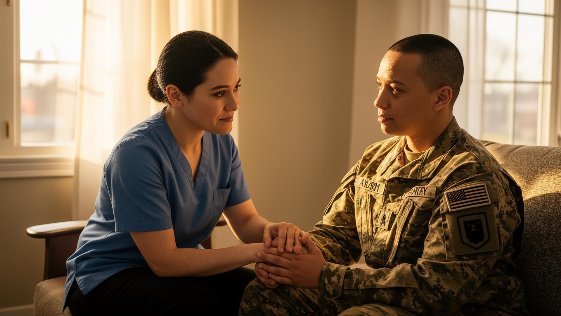 Spouse caregiver holding the hand of a young post-9/11 American veteran with TBI in a sunlit living room.