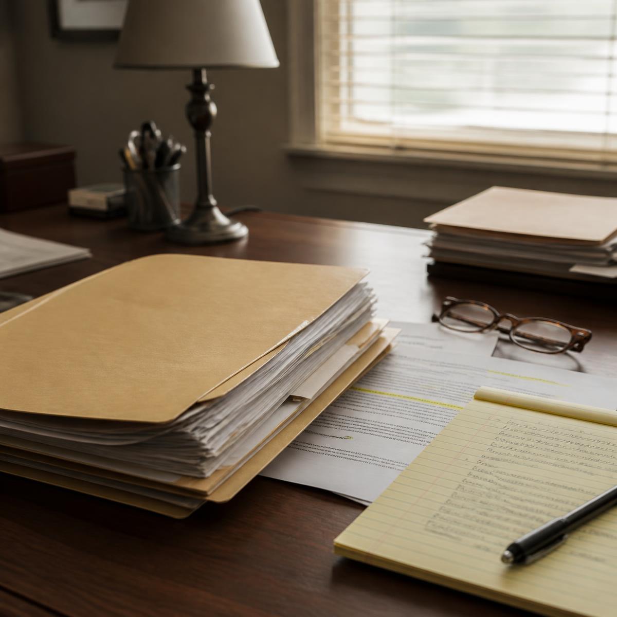 VA claims file, medical records, and a decision letter under review on a desk