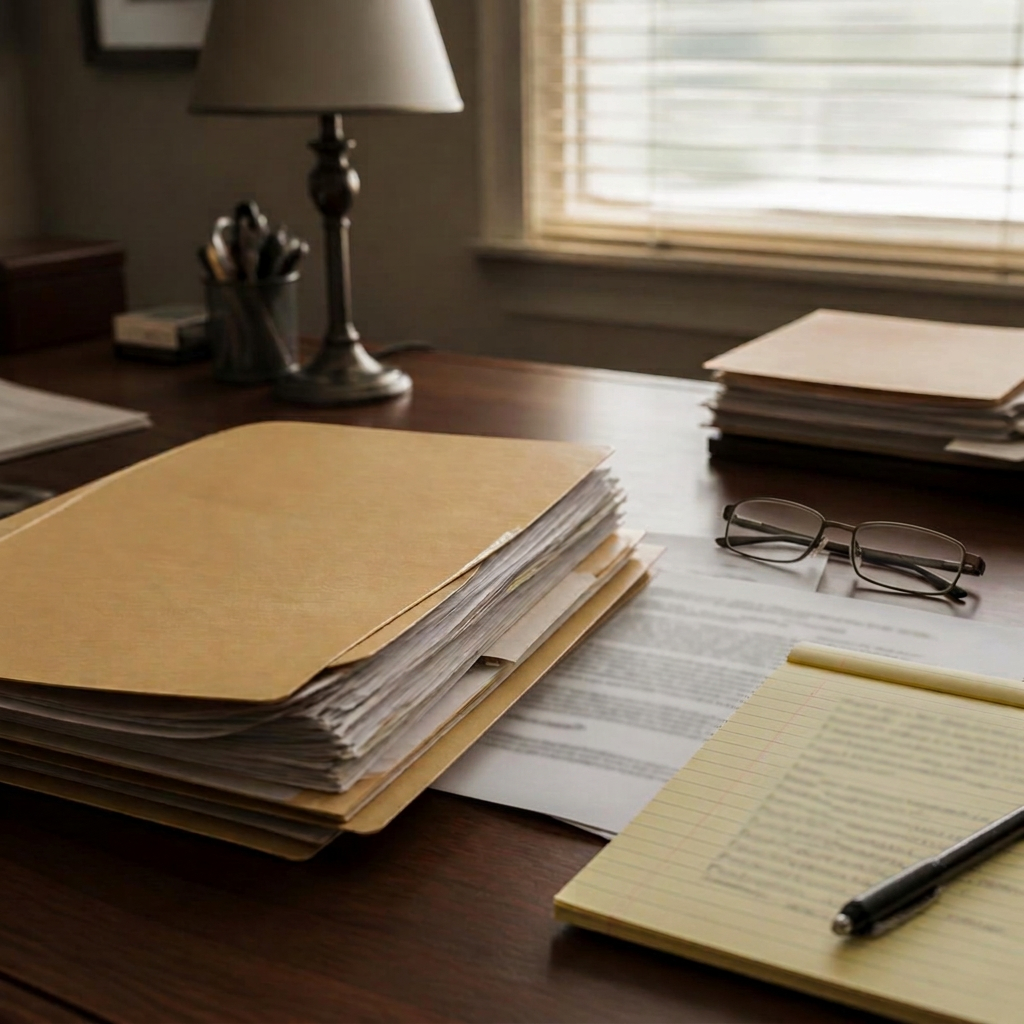 VA claims file, medical records, and a decision letter under review on a desk