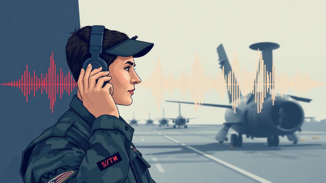 Service member donning hearing protection on a flight line with sound-wave overlay.