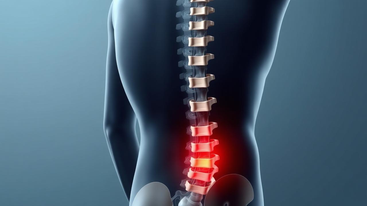 Anatomical illustration of a lumbar spine with the lower vertebrae highlighted in red.