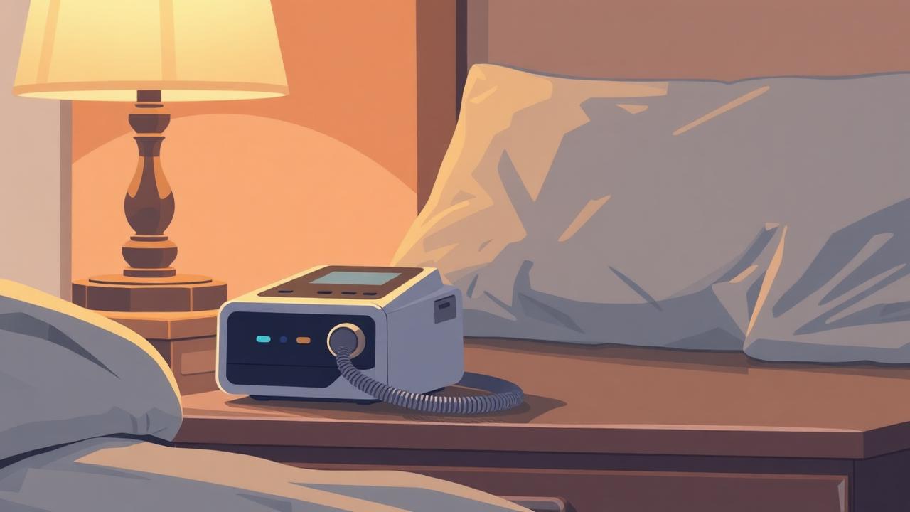 CPAP sleep apnea machine on a nightstand beside a service cover.