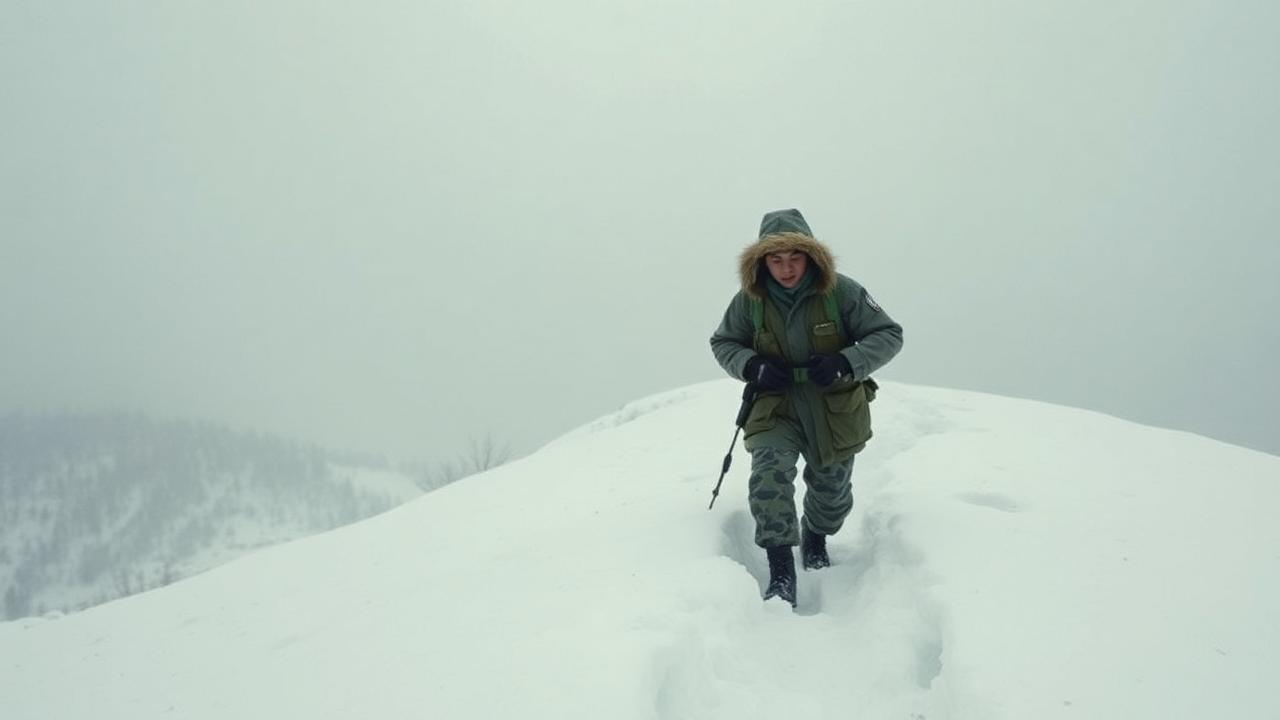 US soldier in heavy winter parka and snow camouflage trudging through deep snow on a frozen Korean mountain ridge in low visibility.