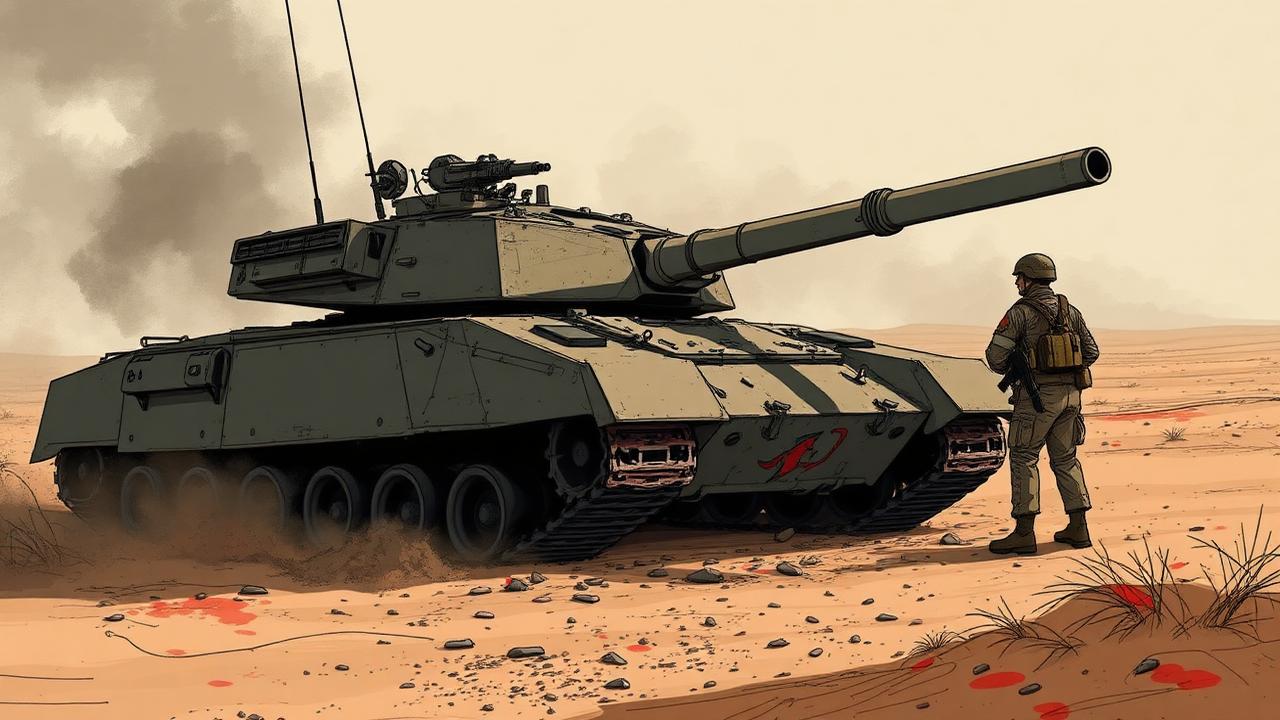 Editorial illustration of a destroyed Iraqi tank in the desert with a U.S. soldier in MOPP gear inspecting it.
