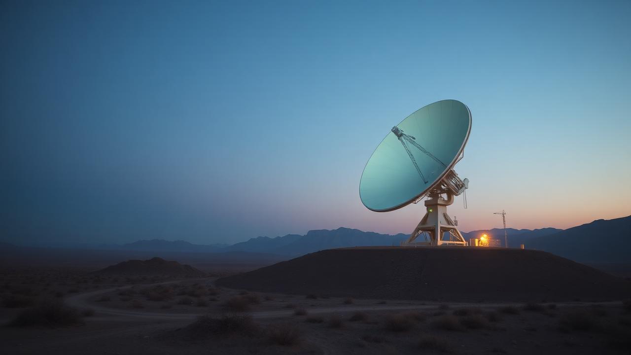 Large white military radar dish antenna on a remote desert hilltop glowing in dusk light with faint atmospheric haze around it.