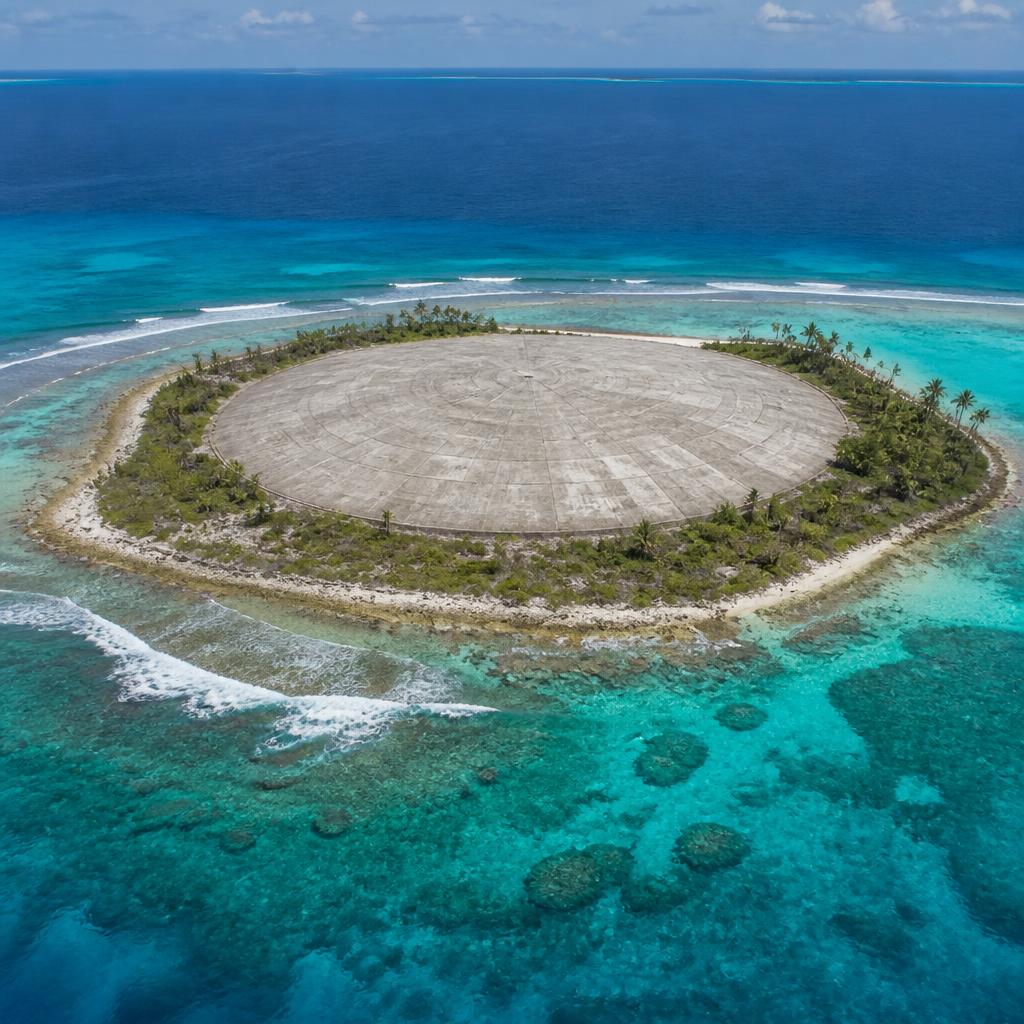 Aerial view of the Runit Dome concrete radioactive containment structure on Enewetak Atoll in the Marshall Islands.