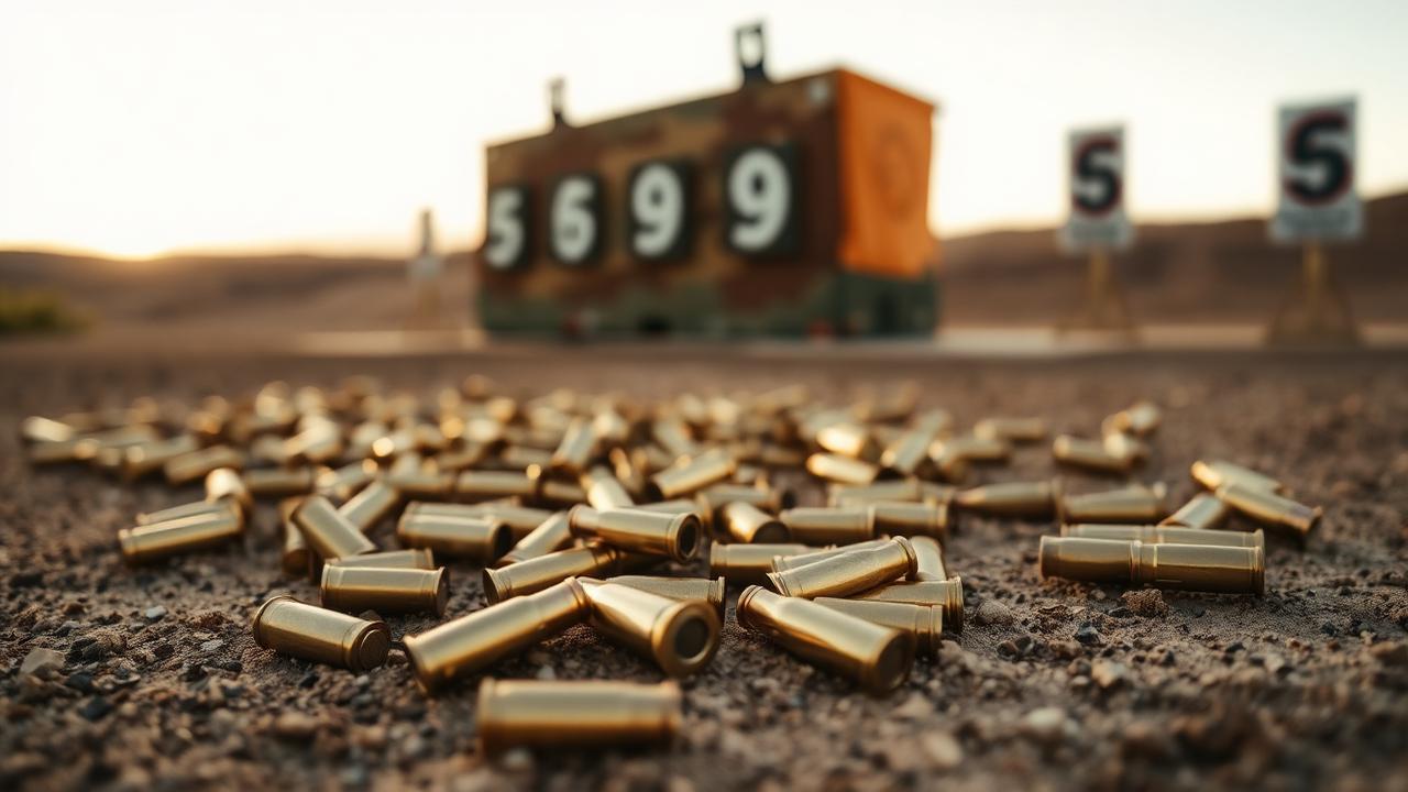Spent brass shell casings scattered on dirt at an outdoor military rifle firing range with targets in the background.