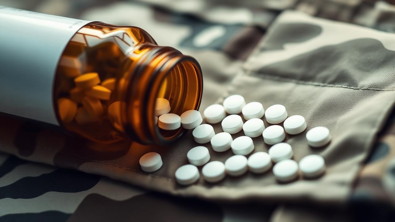 White anti-malarial tablets spilled from an amber prescription bottle resting on a military desert camouflage uniform.