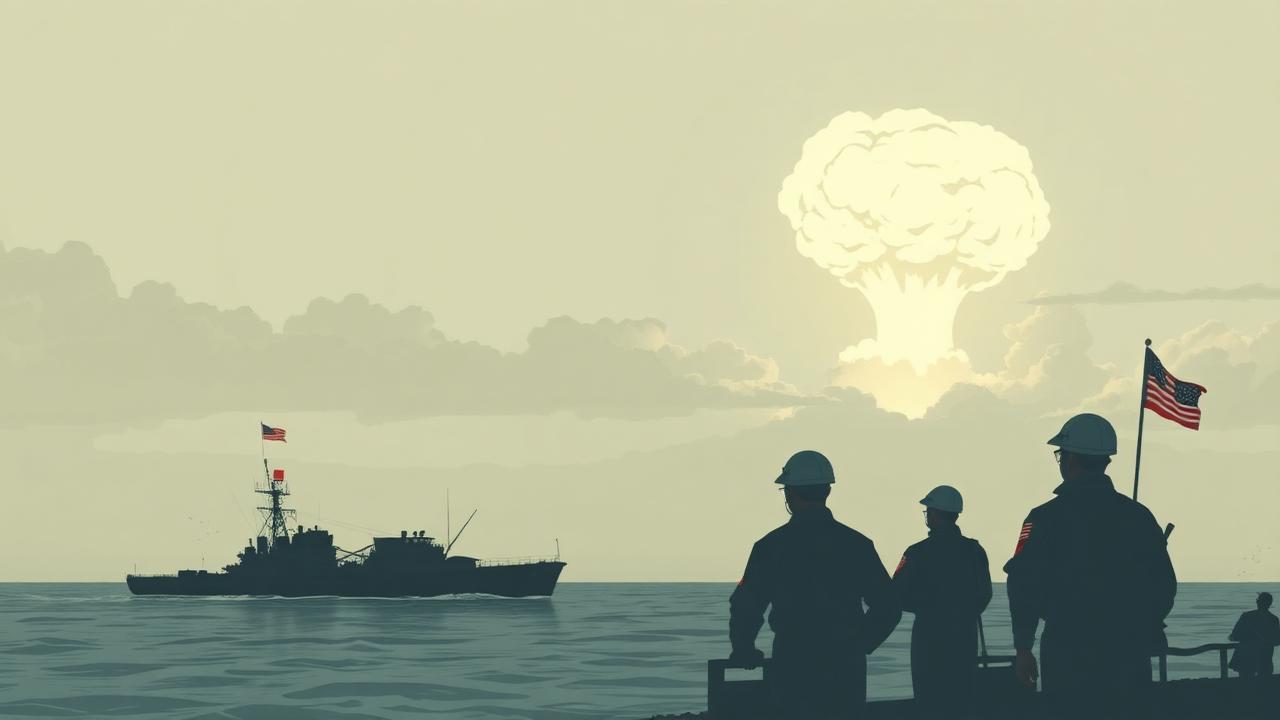 Editorial illustration of a 1950s Pacific atomic test mushroom cloud with U.S. Navy ships and personnel watching from the foreground.
