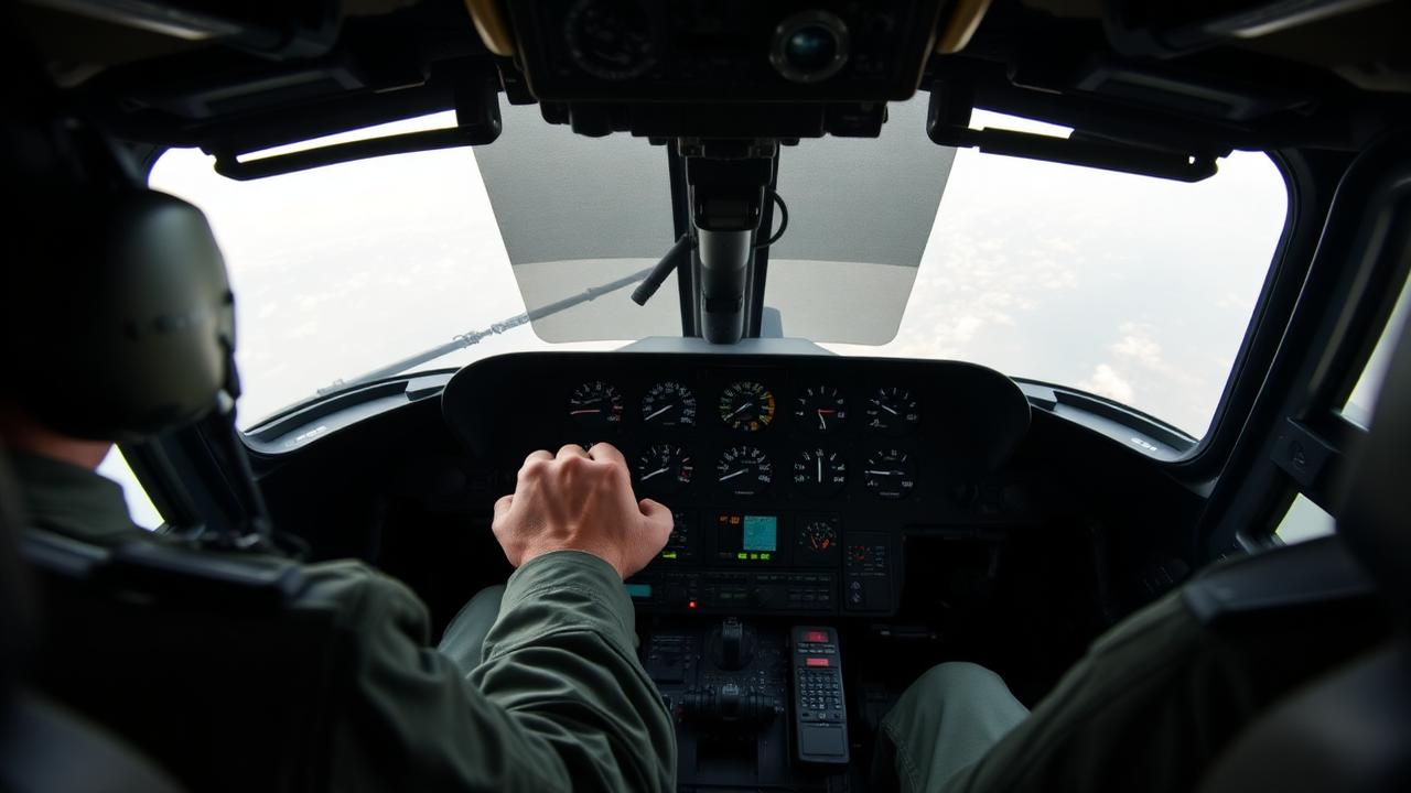 Cockpit view of a military helicopter pilot at the controls in flight with slight motion blur conveying airframe vibration.
