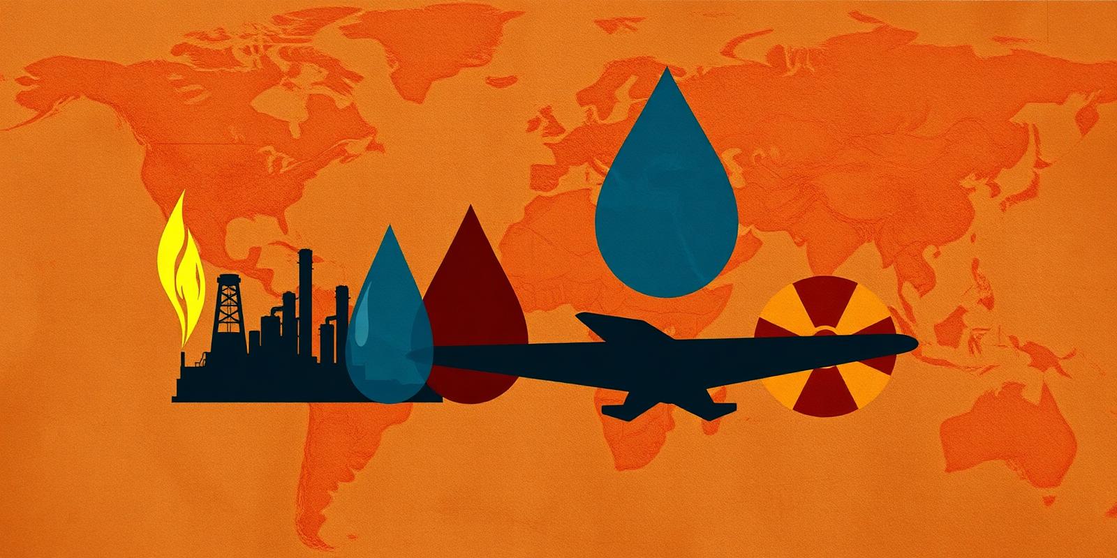 Editorial collage representing toxic military exposures across a faded world map: oil refinery flame, water droplets, jet aircraft, and radiation symbol.