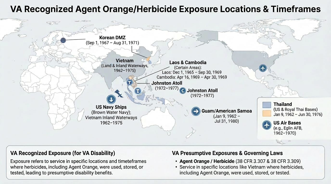 Map of VA-recognized Agent Orange and tactical herbicide exposure locations and timeframes — Vietnam, Korean DMZ, Thailand, Laos, Cambodia, Johnston Atoll, Guam, American Samoa, US Navy ships, and US air bases such as Eglin AFB.