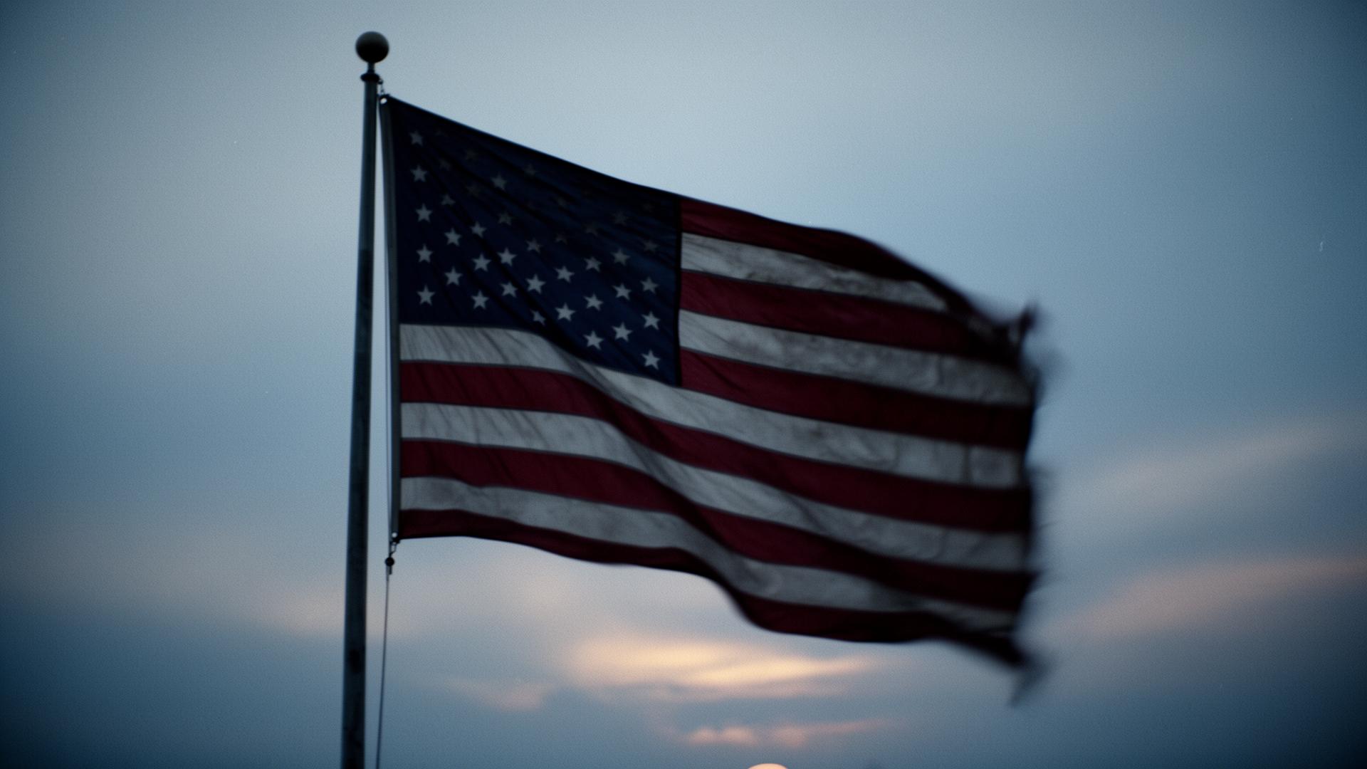 Veteran holding an American flag at sunset