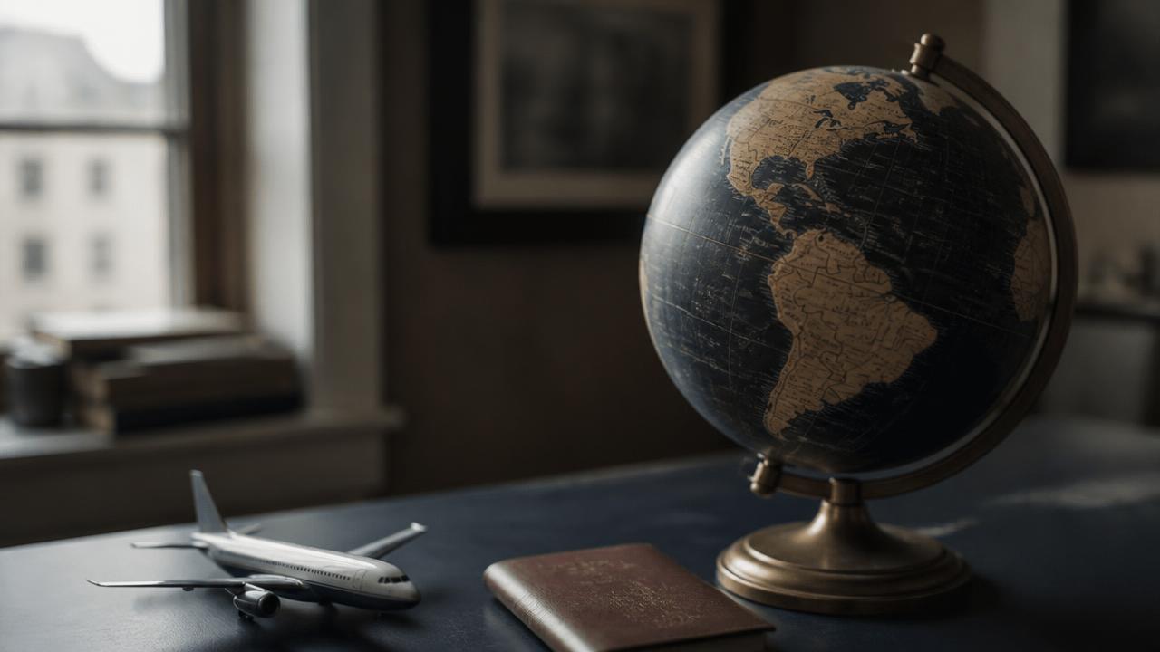 Desk globe beside a model airplane and a passport