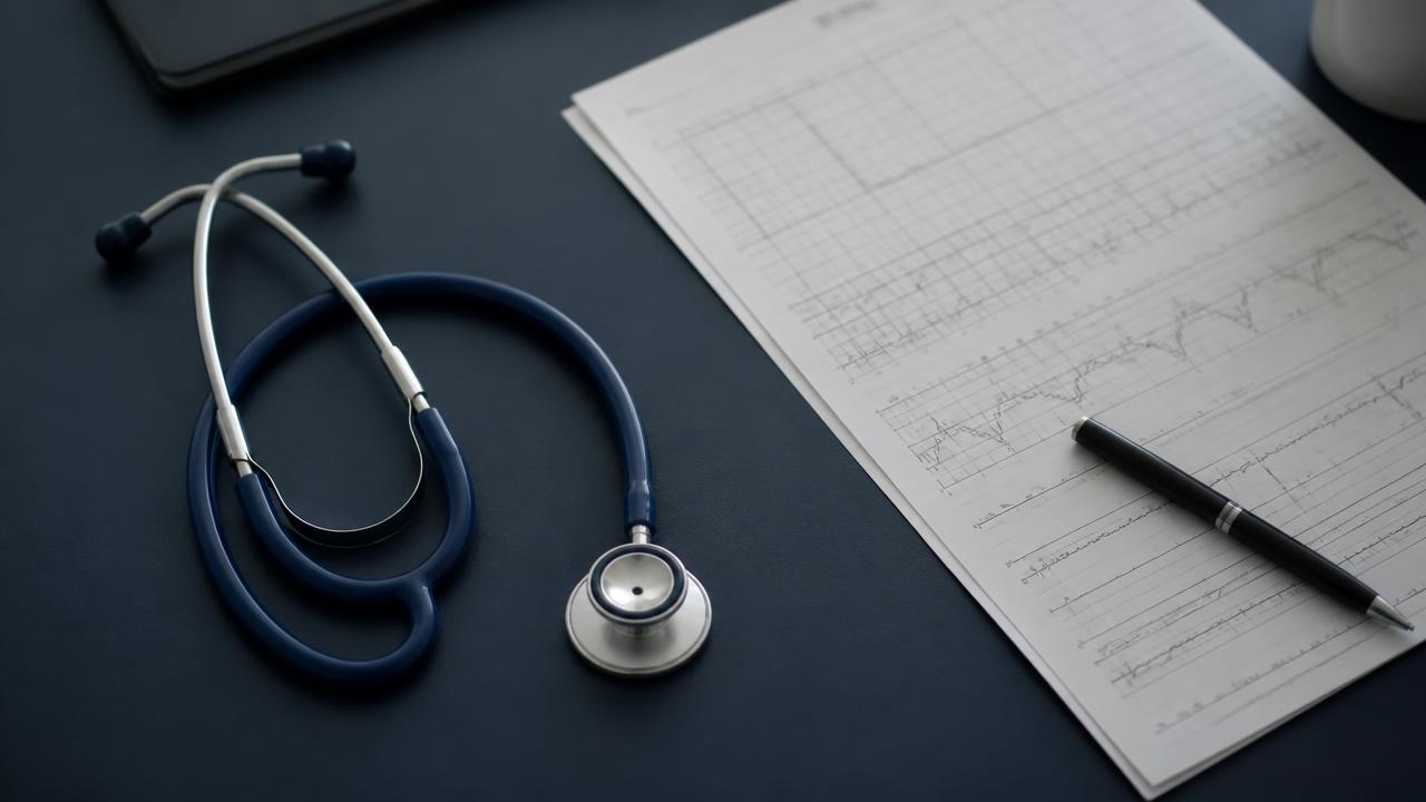 Stethoscope resting beside a printed medical chart on a desk