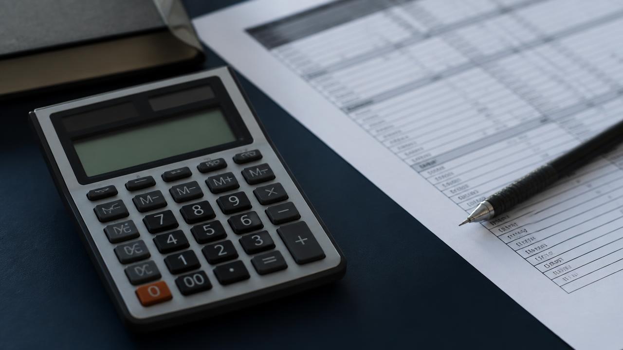 Desktop calculator and mechanical pencil on a printed rating worksheet