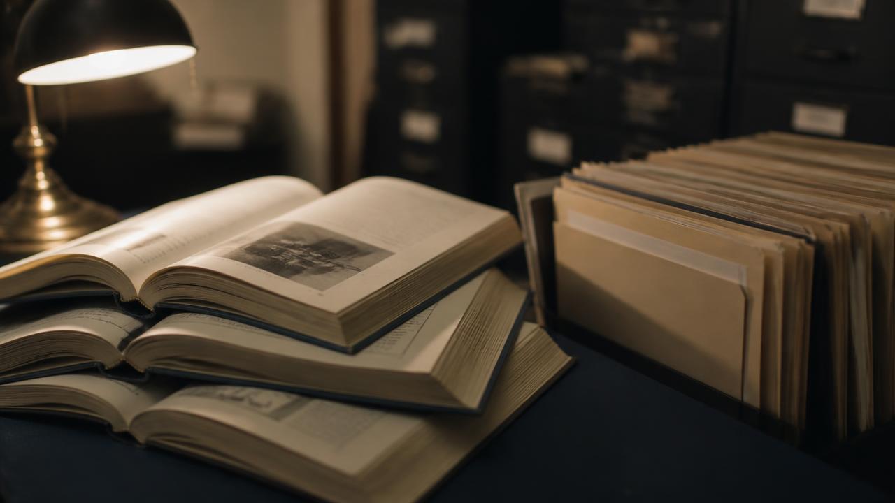 Open reference books next to organized file folders under a desk lamp
